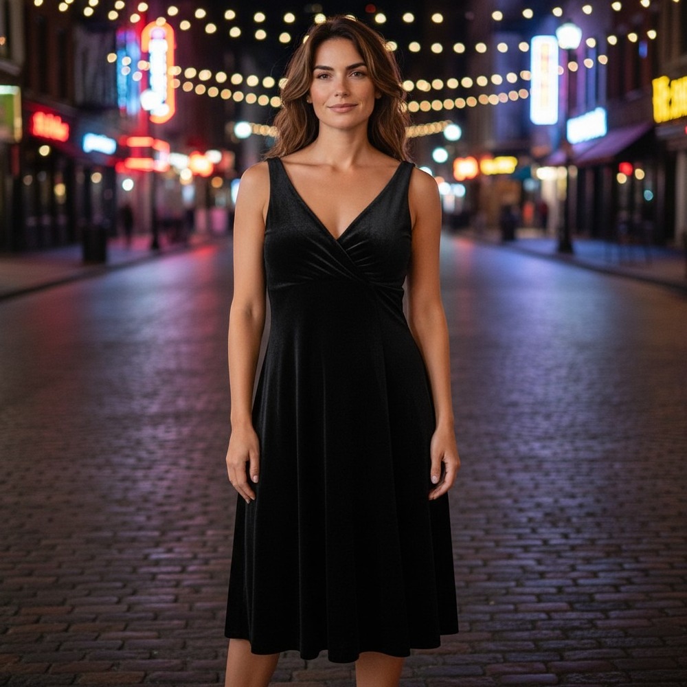 Jones Wear Dress Velvet Midi Dress Womens 8 Black V-Neck Cocktail Party Holiday